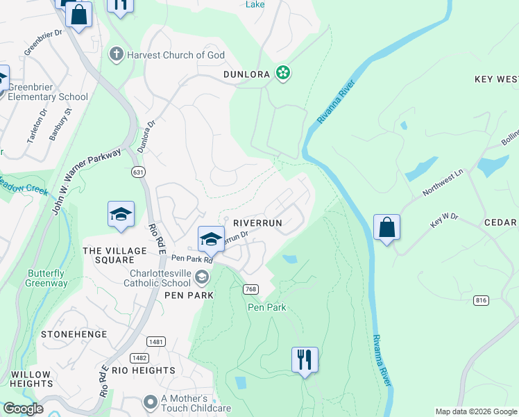 map of restaurants, bars, coffee shops, grocery stores, and more near 1297 Clifden Green in Charlottesville