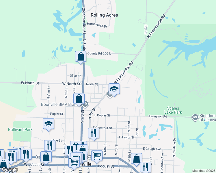 map of restaurants, bars, coffee shops, grocery stores, and more near 900-1098 North 4th Street in Boonville