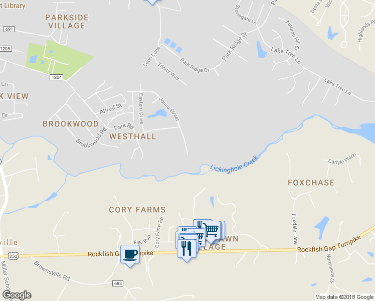 map of restaurants, bars, coffee shops, grocery stores, and more near 626 Jonna Street in Crozet