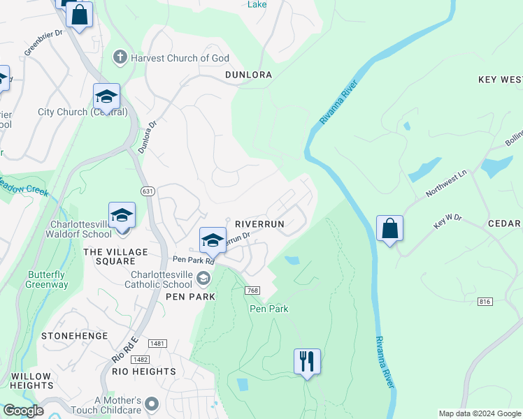 map of restaurants, bars, coffee shops, grocery stores, and more near 1284 Clifden Green in Charlottesville