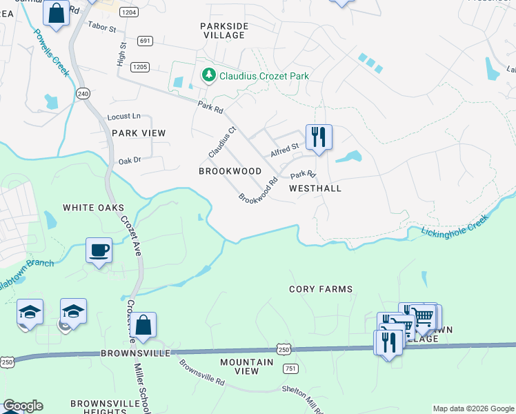 map of restaurants, bars, coffee shops, grocery stores, and more near 5535 Brookwood Rd in Crozet