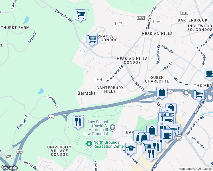 map of restaurants, bars, coffee shops, grocery stores, and more near 210 Westminster Road in Charlottesville