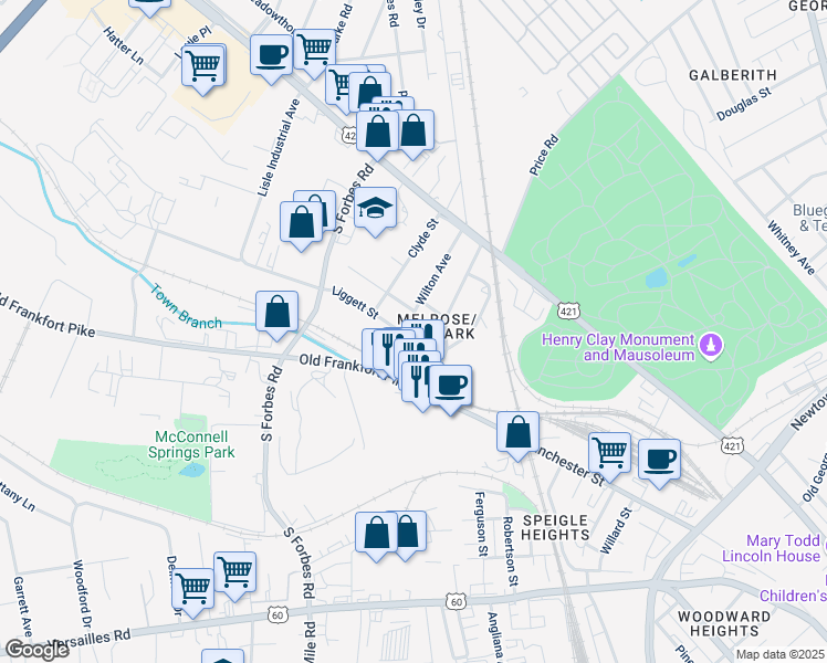 map of restaurants, bars, coffee shops, grocery stores, and more near 216 Wilton Avenue in Lexington