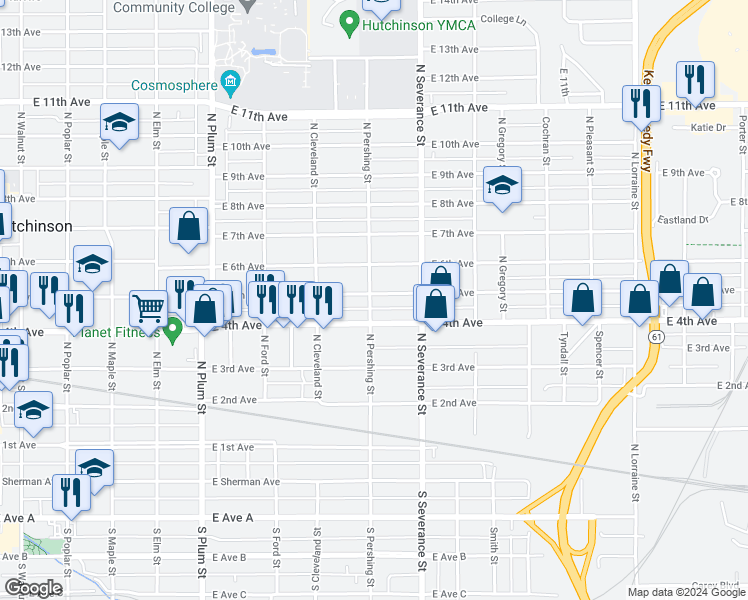 map of restaurants, bars, coffee shops, grocery stores, and more near 801 East 5th Avenue in Hutchinson