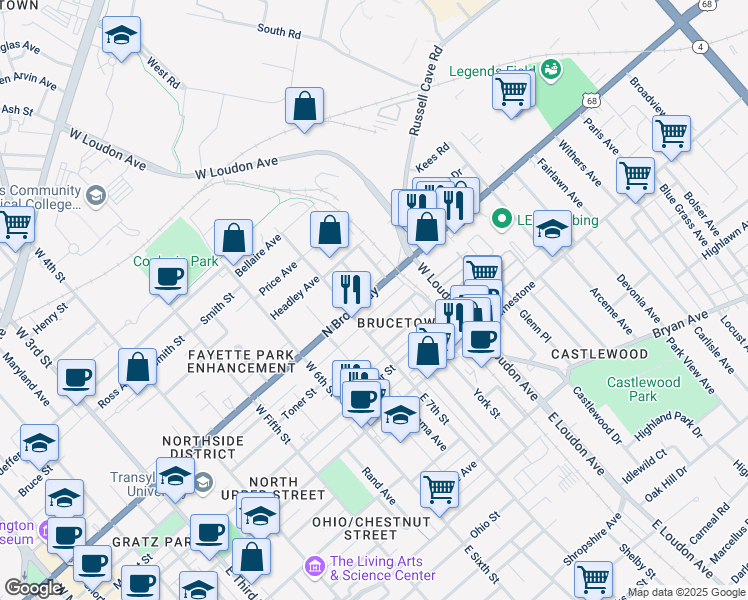 map of restaurants, bars, coffee shops, grocery stores, and more near 728 North Broadway in Lexington