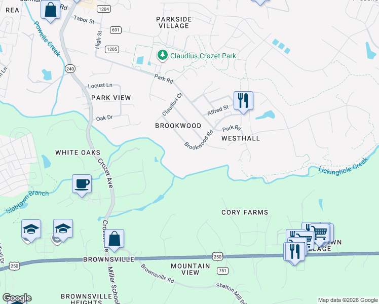 map of restaurants, bars, coffee shops, grocery stores, and more near 5535 Brookwood Rd in Crozet