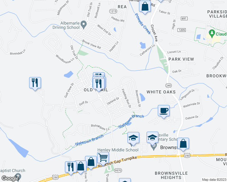 map of restaurants, bars, coffee shops, grocery stores, and more near 432 Penny Well Court in Crozet
