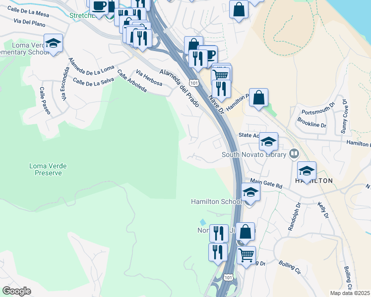 map of restaurants, bars, coffee shops, grocery stores, and more near 130 Cielo Lane in Novato