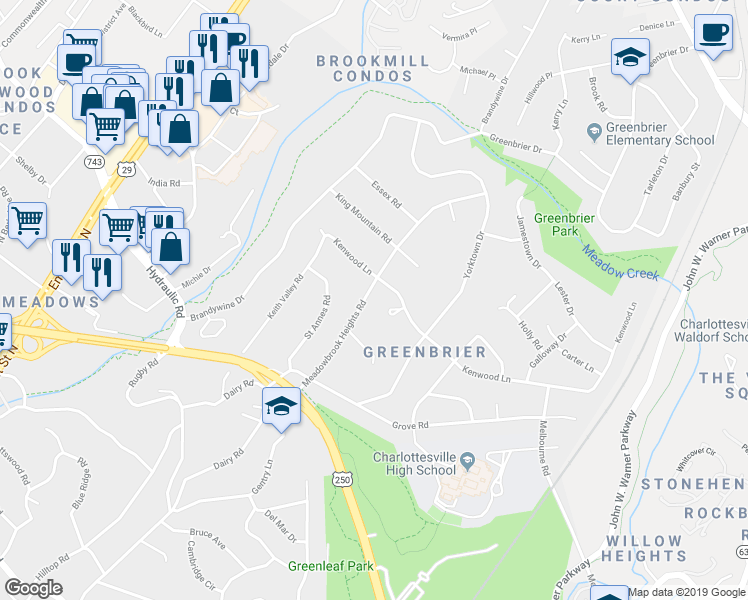 map of restaurants, bars, coffee shops, grocery stores, and more near 106 Kenwood Circle in Charlottesville