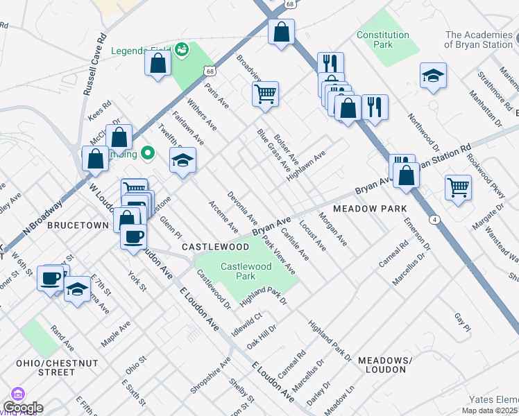 map of restaurants, bars, coffee shops, grocery stores, and more near 235 Devonia Avenue in Lexington