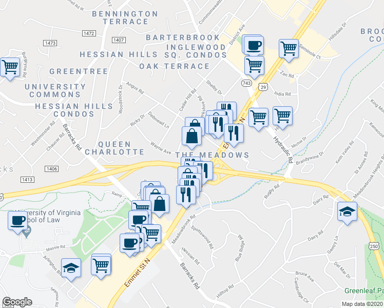 map of restaurants, bars, coffee shops, grocery stores, and more near in Charlottesville