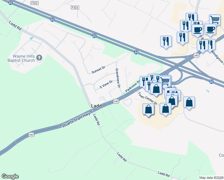 map of restaurants, bars, coffee shops, grocery stores, and more near 30 Angus Drive in Waynesboro