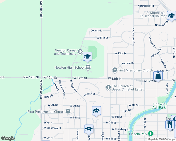 map of restaurants, bars, coffee shops, grocery stores, and more near 900 West 12th Street in Newton