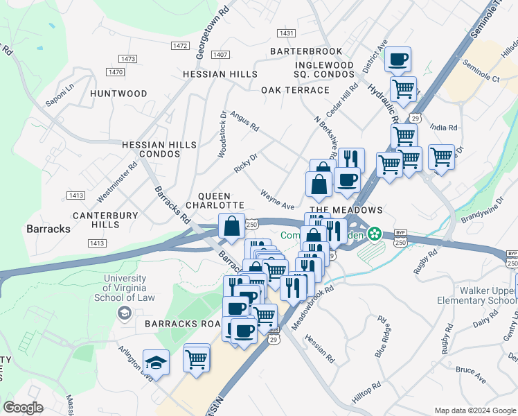 map of restaurants, bars, coffee shops, grocery stores, and more near 121 Middlesex Drive in Charlottesville