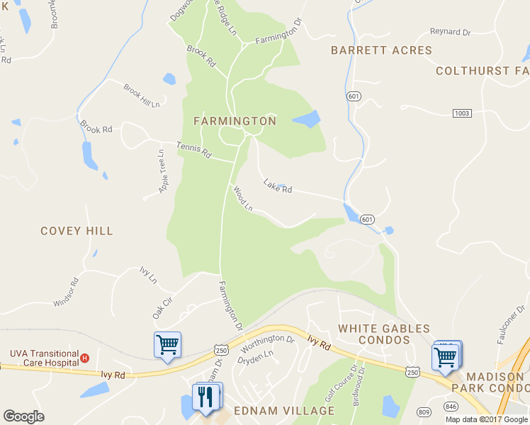 map of restaurants, bars, coffee shops, grocery stores, and more near Wood Lane in Charlottesville