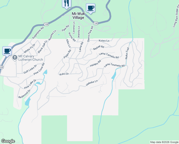 map of restaurants, bars, coffee shops, grocery stores, and more near 20710 Lama Teumete Road in Mi-Wuk Village