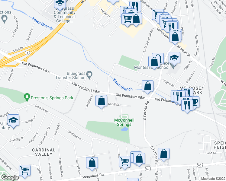 map of restaurants, bars, coffee shops, grocery stores, and more near 1401 Old Frankfort Pike in Lexington
