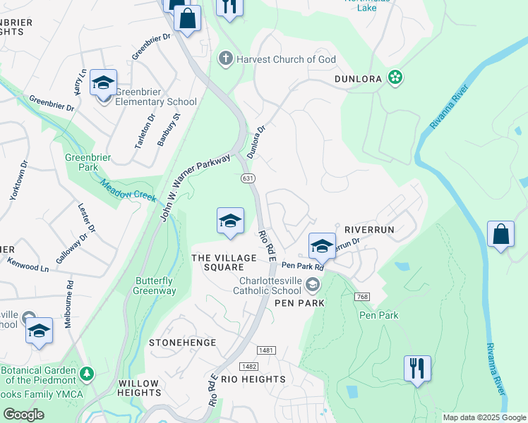 map of restaurants, bars, coffee shops, grocery stores, and more near 1621 Sawgrass Court in Charlottesville