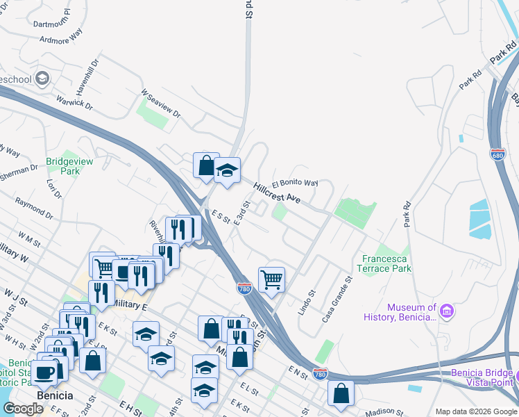 map of restaurants, bars, coffee shops, grocery stores, and more near 323 Golden Slopes Court in Benicia