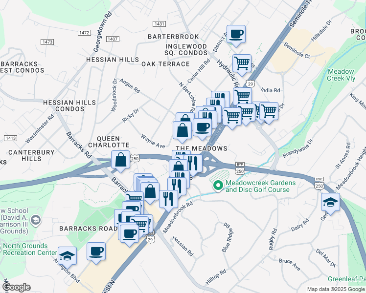 map of restaurants, bars, coffee shops, grocery stores, and more near 1615 Emmet Street North in Charlottesville