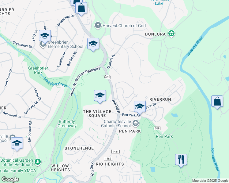 map of restaurants, bars, coffee shops, grocery stores, and more near 1621 Sawgrass Court in Charlottesville