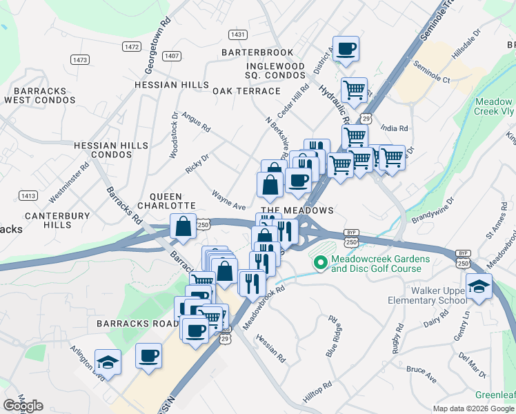 map of restaurants, bars, coffee shops, grocery stores, and more near 2212 Wayne Ave in Charlottesville