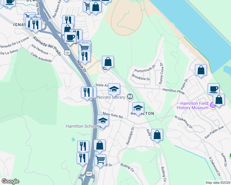 map of restaurants, bars, coffee shops, grocery stores, and more near 88 Martin Drive in Novato