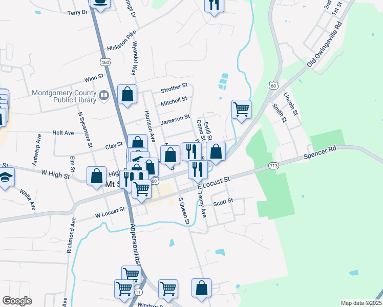map of restaurants, bars, coffee shops, grocery stores, and more near 8 Willow Street in Mount Sterling