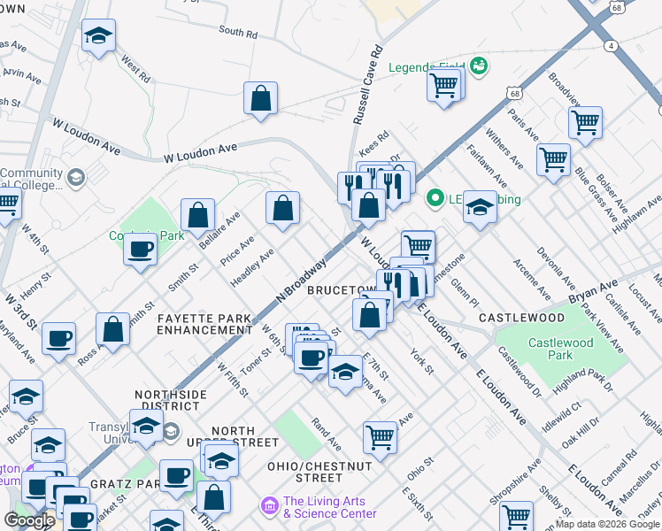 map of restaurants, bars, coffee shops, grocery stores, and more near 724 North Broadway in Lexington