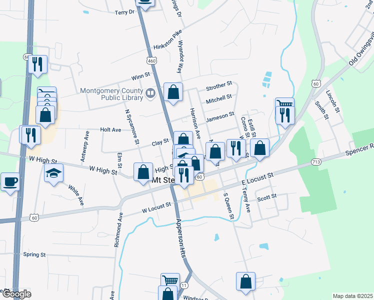 map of restaurants, bars, coffee shops, grocery stores, and more near 25 East High Street in Mount Sterling