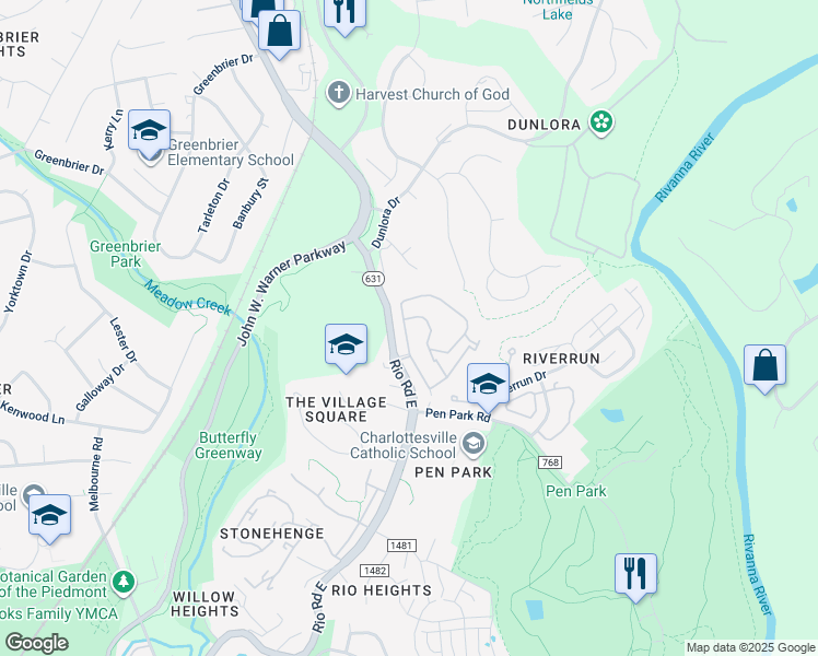 map of restaurants, bars, coffee shops, grocery stores, and more near 1620 Sawgrass Court in Charlottesville