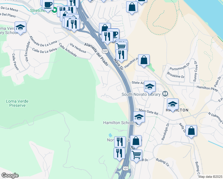 map of restaurants, bars, coffee shops, grocery stores, and more near 195 Los Robles Road in Novato