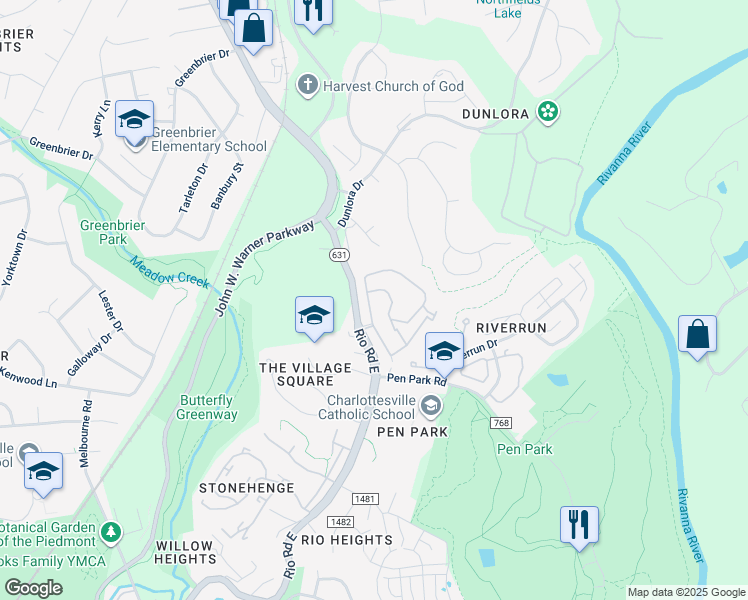 map of restaurants, bars, coffee shops, grocery stores, and more near 1620 Sawgrass Court in Charlottesville