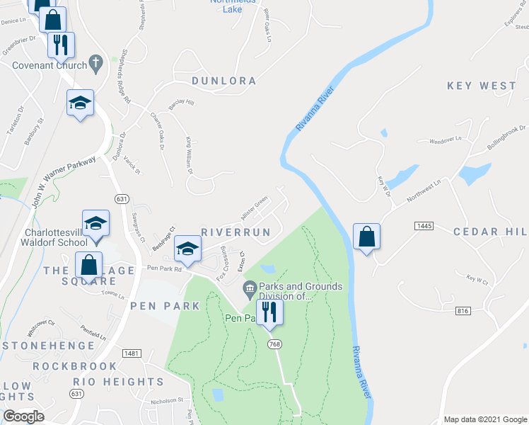 map of restaurants, bars, coffee shops, grocery stores, and more near 1343 Le Parc Terrace in Charlottesville