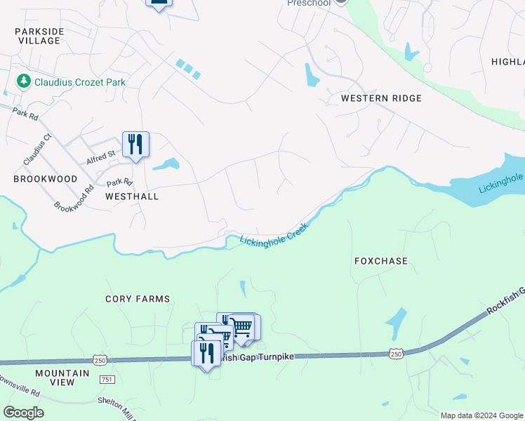 map of restaurants, bars, coffee shops, grocery stores, and more near 786 Concho Lane in Crozet