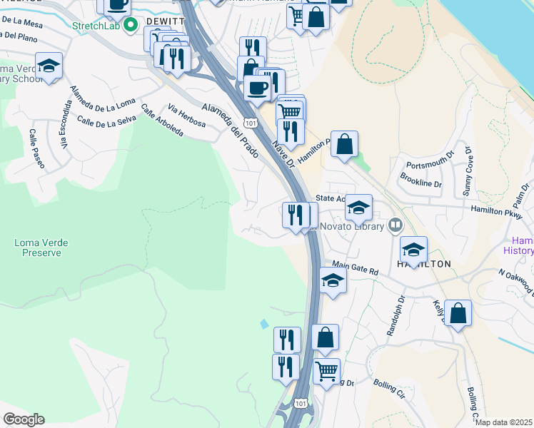 map of restaurants, bars, coffee shops, grocery stores, and more near 195 Los Robles Road in Novato