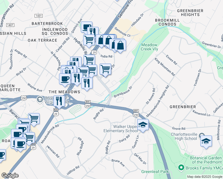 map of restaurants, bars, coffee shops, grocery stores, and more near 2000 Michie Drive in Charlottesville