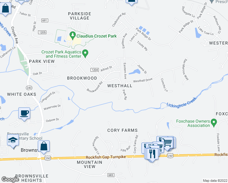 map of restaurants, bars, coffee shops, grocery stores, and more near 5820 Westhall Drive in Crozet