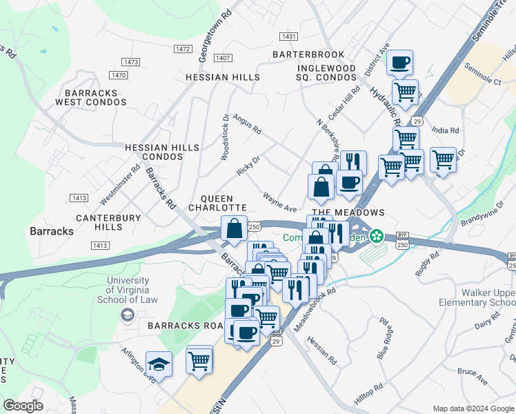 map of restaurants, bars, coffee shops, grocery stores, and more near 124 Middlesex Drive in Charlottesville
