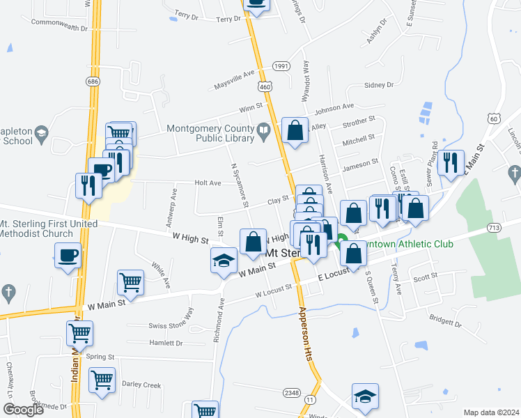 map of restaurants, bars, coffee shops, grocery stores, and more near 114 Howard Avenue in Mount Sterling