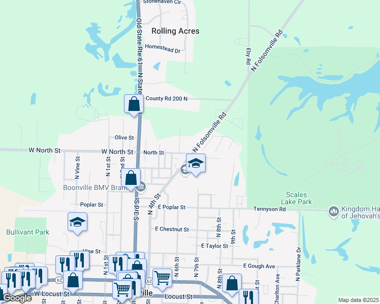 map of restaurants, bars, coffee shops, grocery stores, and more near 900-1098 North 4th Street in Boonville