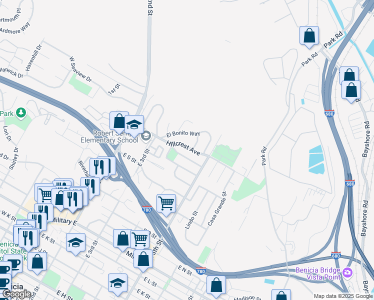 map of restaurants, bars, coffee shops, grocery stores, and more near 232 Hillcrest Avenue in Benicia