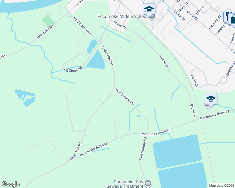 map of restaurants, bars, coffee shops, grocery stores, and more near 1840 Cedar Hall Road in Pocomoke City