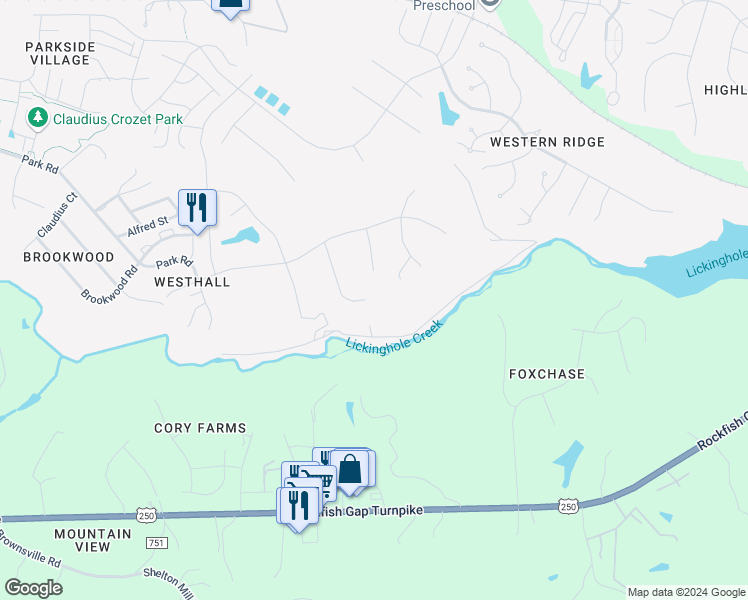 map of restaurants, bars, coffee shops, grocery stores, and more near 786 Concho Lane in Crozet