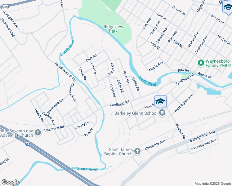 map of restaurants, bars, coffee shops, grocery stores, and more near 136 Court Road in Waynesboro