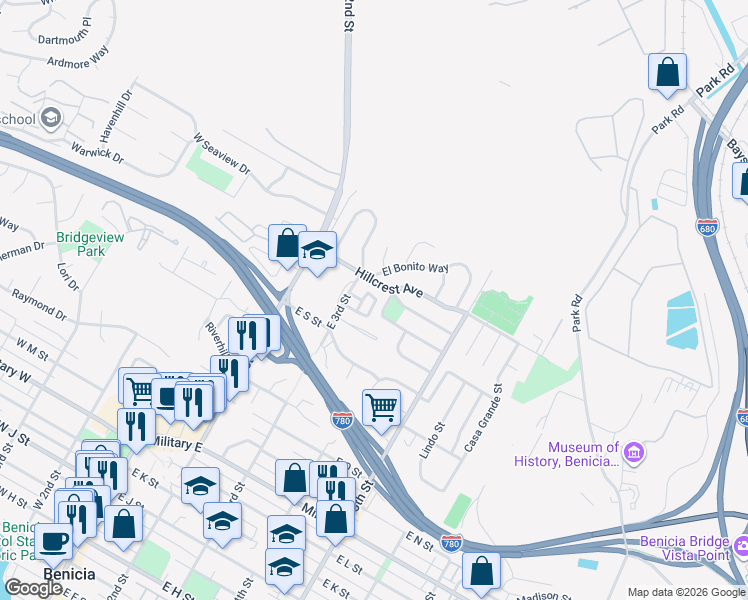 map of restaurants, bars, coffee shops, grocery stores, and more near 333 East T Street in Benicia