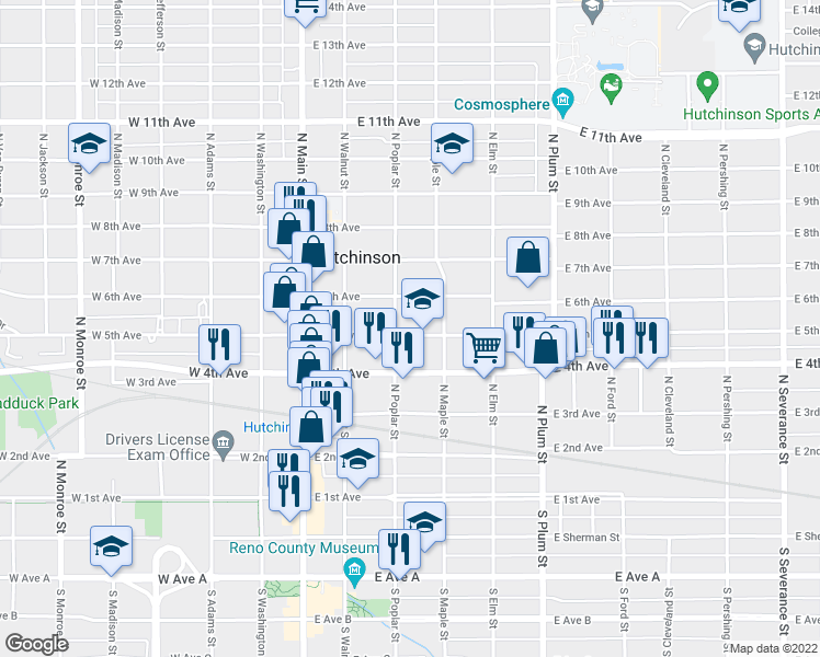 map of restaurants, bars, coffee shops, grocery stores, and more near 208 East 5th Avenue in Hutchinson