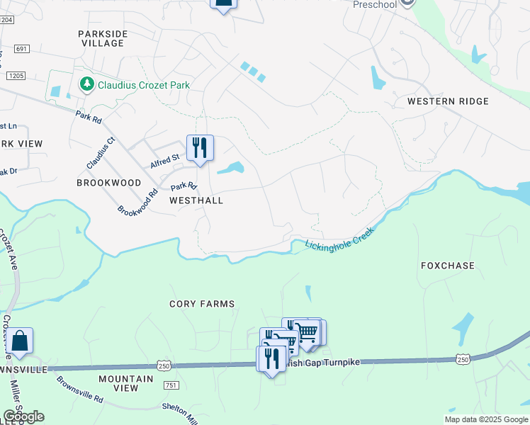 map of restaurants, bars, coffee shops, grocery stores, and more near 646 Jonna Street in Crozet