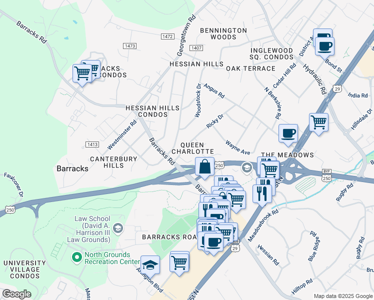 map of restaurants, bars, coffee shops, grocery stores, and more near 1416 Ricky Road in Charlottesville