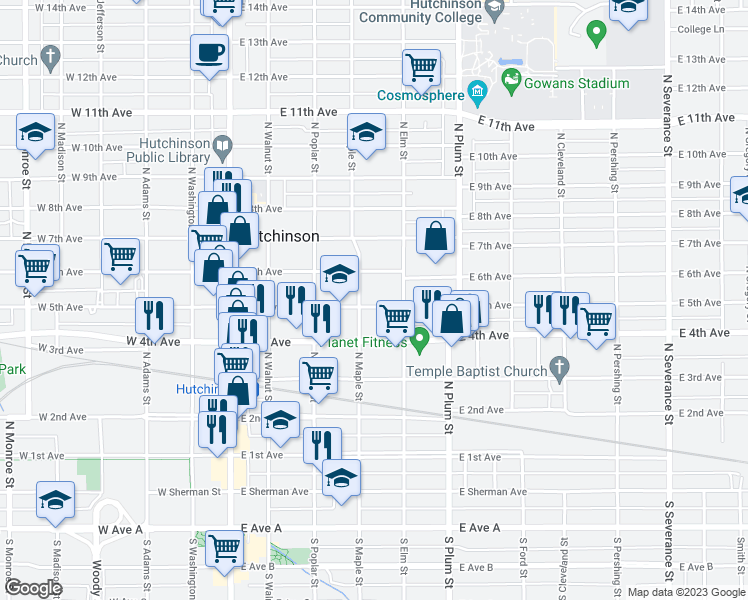 map of restaurants, bars, coffee shops, grocery stores, and more near 308 East 5th Avenue in Hutchinson